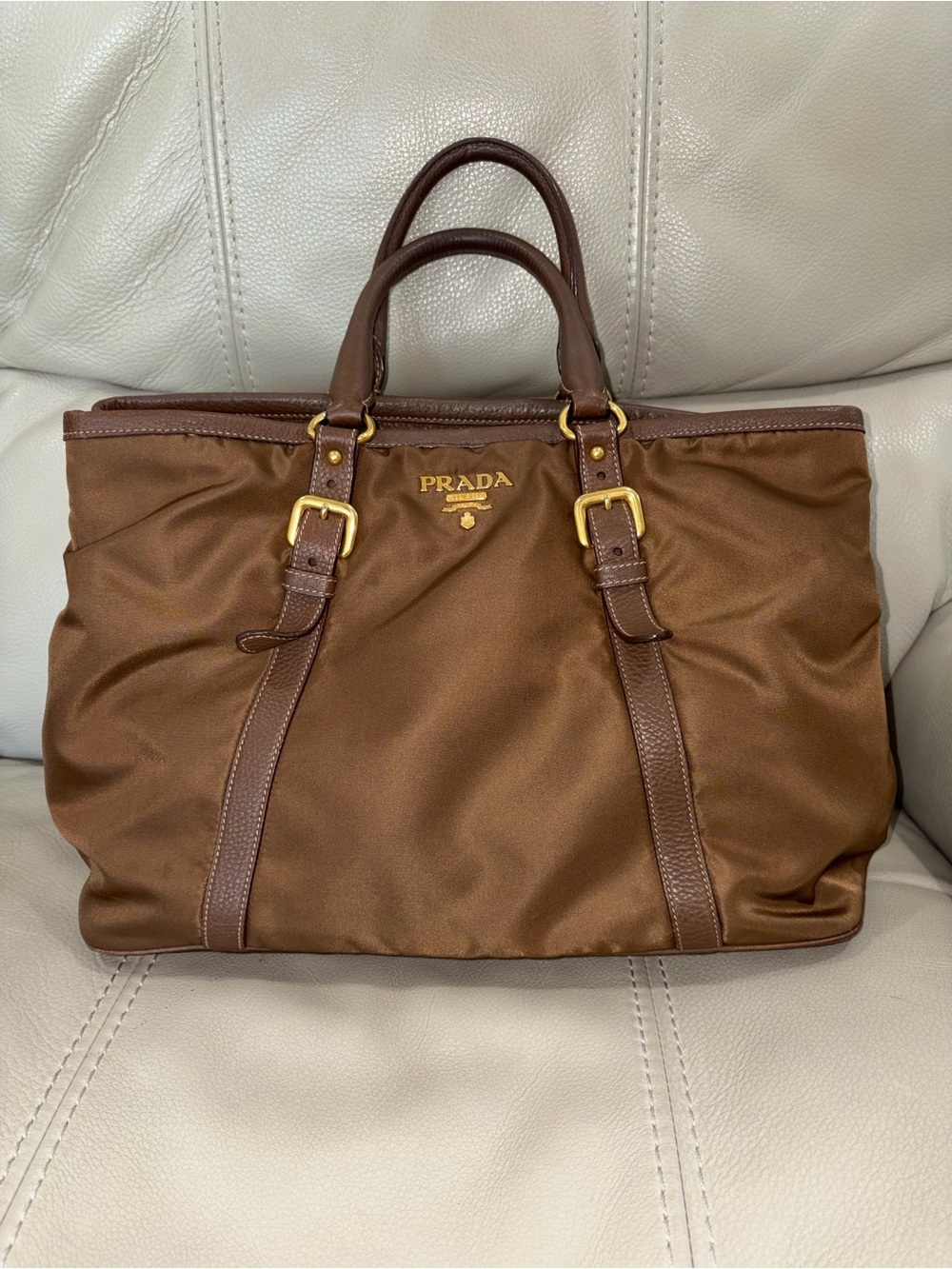 Prada AUTHENTIC Brown Nylon satchel with Leather Trim and Gold Hardware